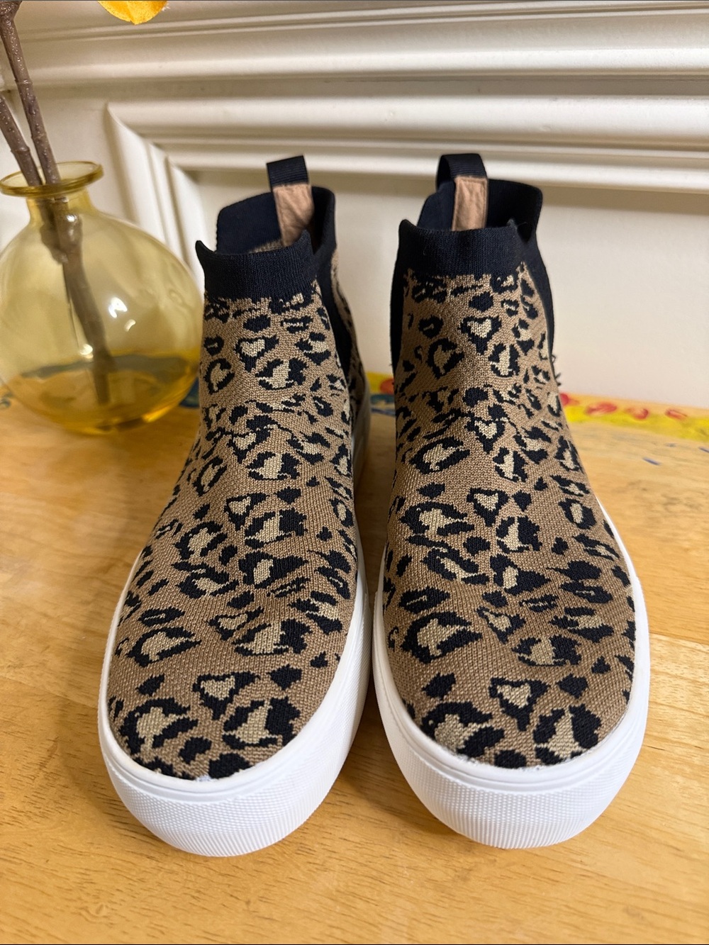 Leopard Knit‎ Platform Slip-On Sneakers - Brown/Black Sz 8